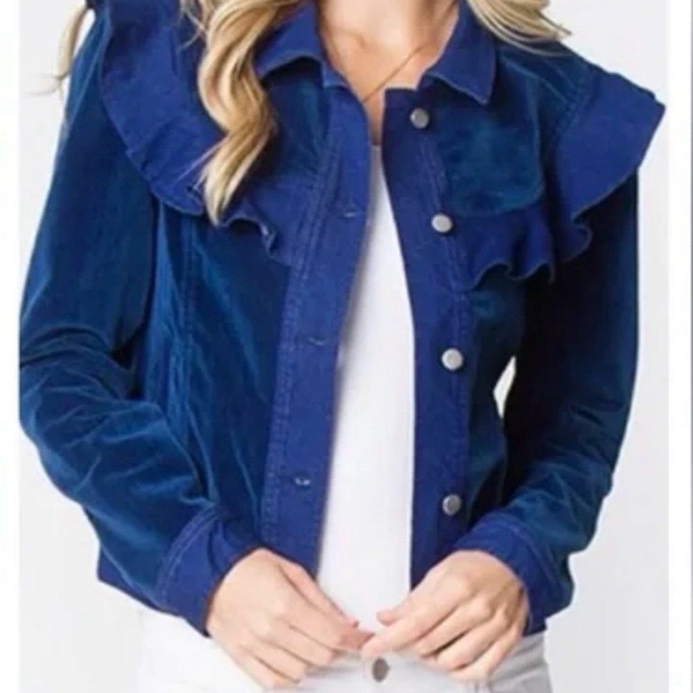 Sugarlips Deep Blue Ruffle Jean Jacket Size Medium New With Tags Never Been Worn